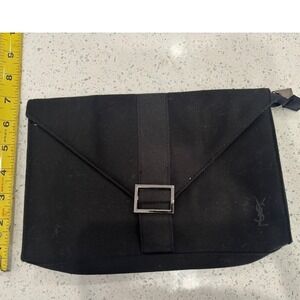 Yves Saint Laurent YSL Black Fabric Makeup Pouch Clutch Bag with Mirror Logo